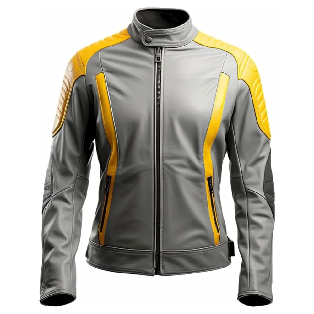 Men’s Grey & Yellow Sheepskin Sleek Casual Biker Leather Jacket Men’s Biker Leather Jacket