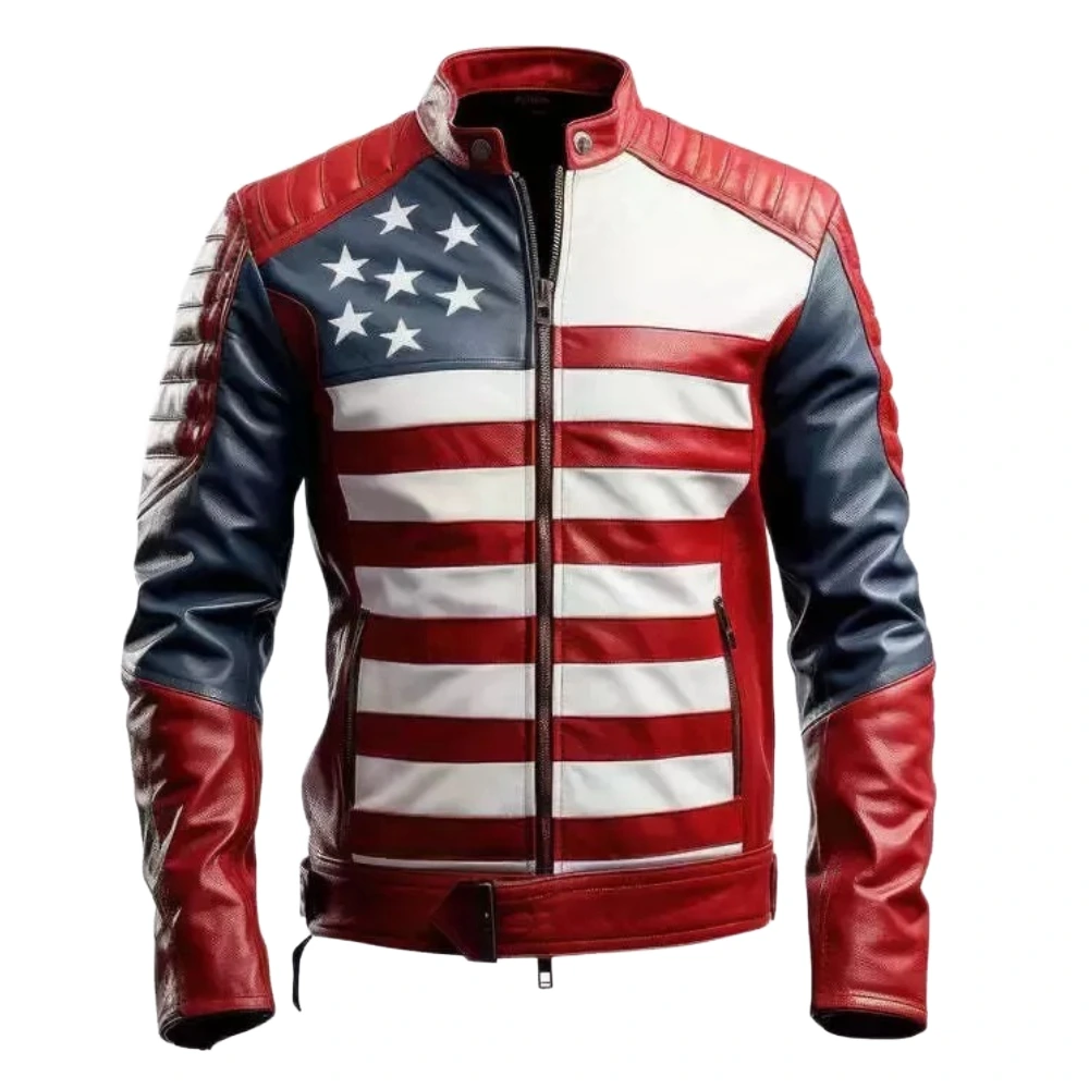 Men’s Premium Leather USA Flag Jacket – Motorbike Racer Style Men's Leather Jacket Motorbike