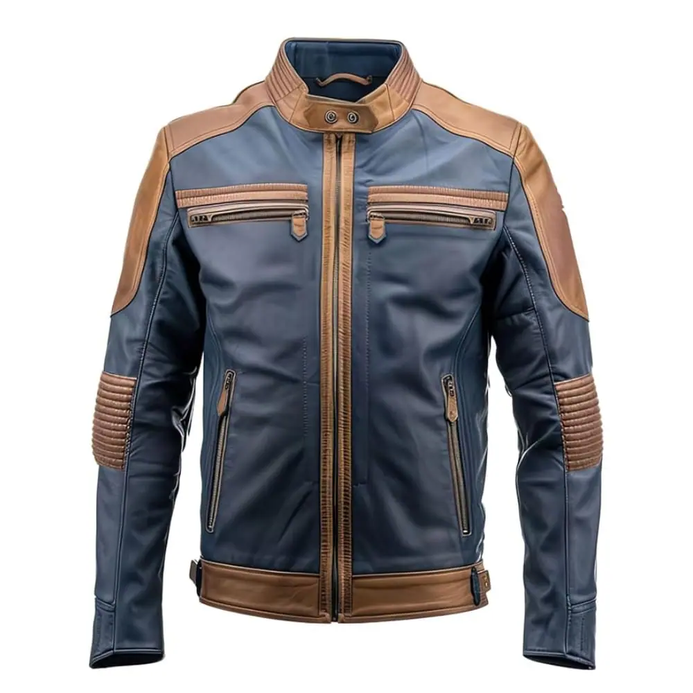 Men’s Blue & Brown Sheepskin Biker Moto Leather Jacket Men’s Biker Leather Jacket