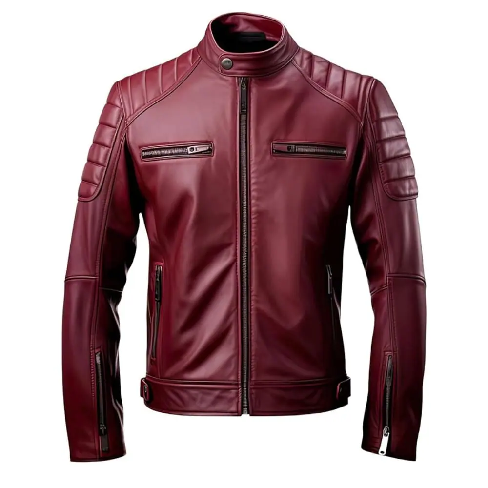 Men’s Maroon Lambskin Biker Leather Jacket – Stand Collar Men’s Biker Leather Jacket