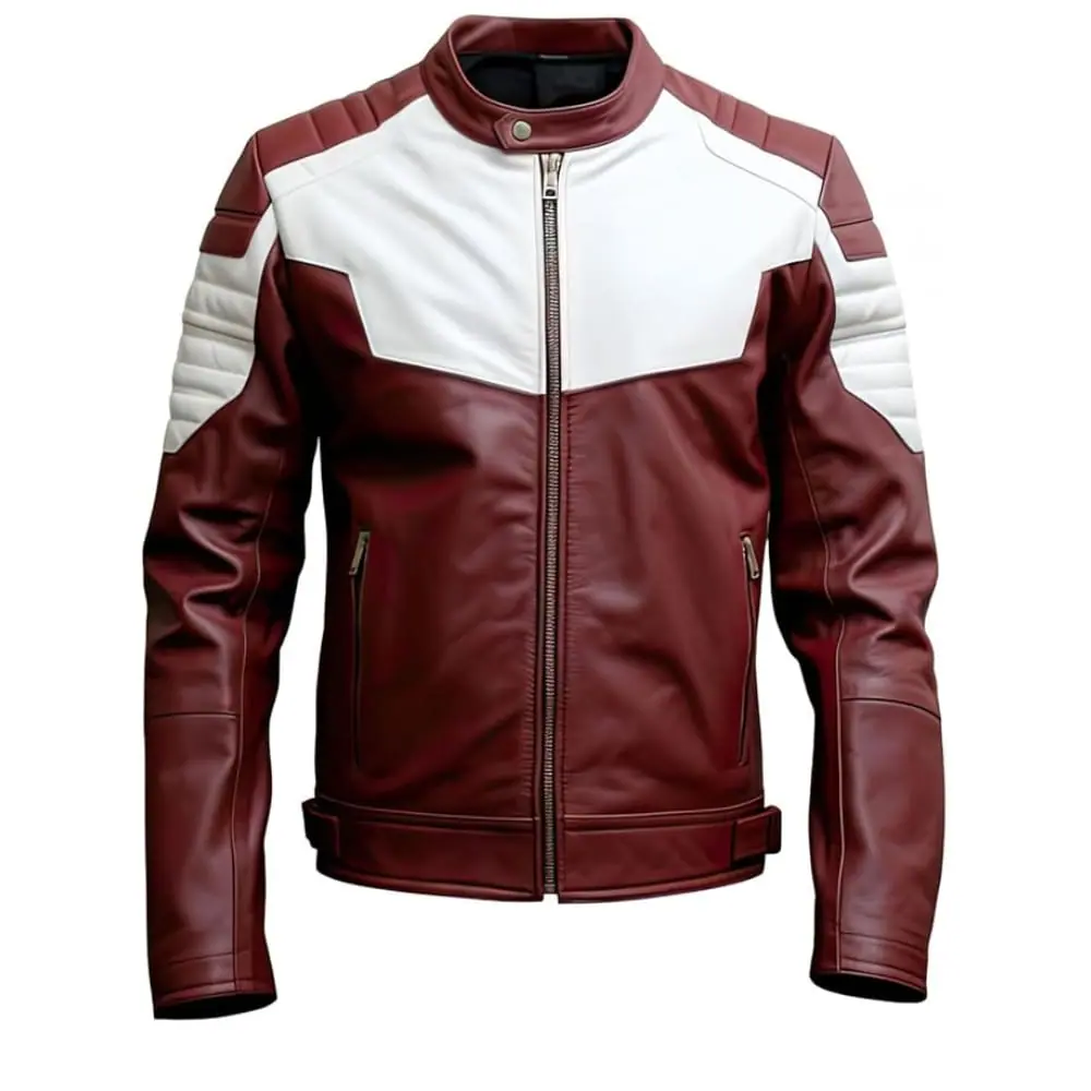 Men’s Maroon & White Lambskin Biker Leather Jacket Men’s Biker Leather Jacket