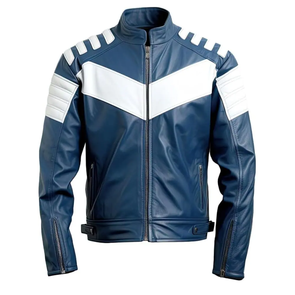 Men’s Navy & White Lambskin Biker Leather Jacket – Stand Collar Men’s Biker Leather Jacket