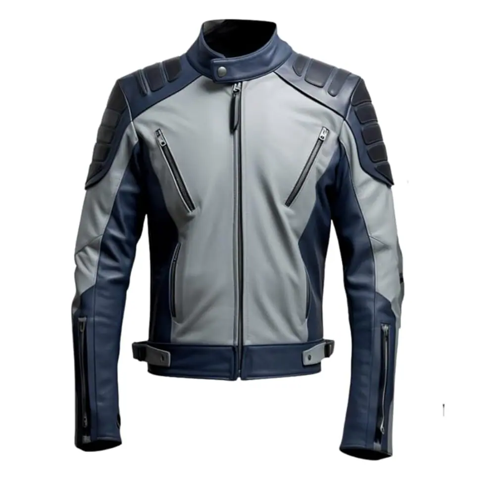 Men’s Gray & Navy Moto Racing Biker Leather Jacket Men’s Biker Leather Jacket