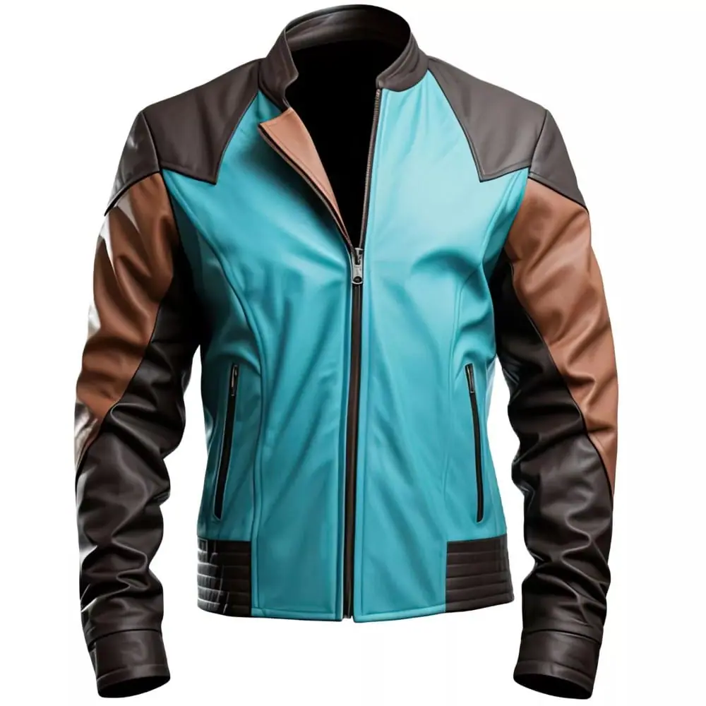 Men’s Brown & Aqua Blue Genuine Sheepskin Biker Leather Jacket Men’s Biker Leather Jacket