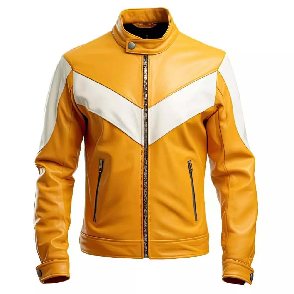Men’s Mustard Yellow & White Sheepskin Biker Leather Jacket Men’s Biker Leather Jacket