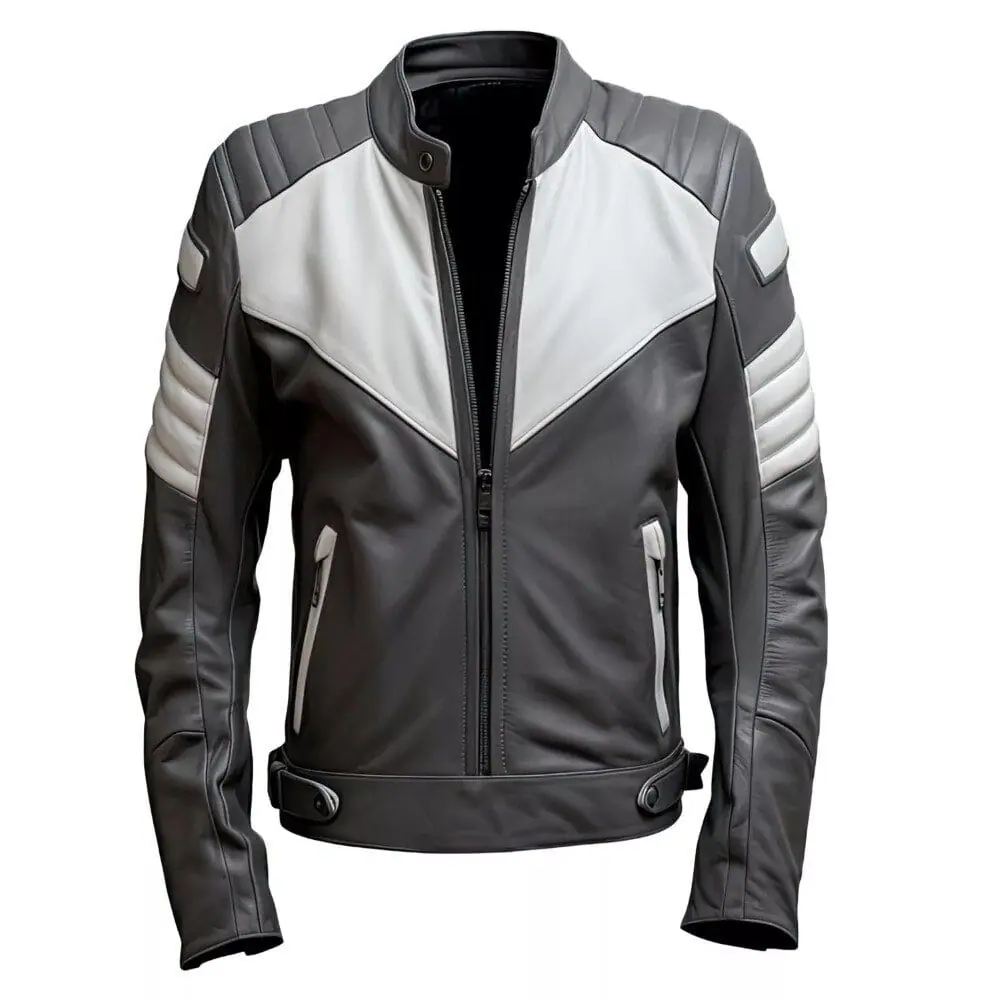 Men’s Charcoal Grey & White Sheepskin Biker Leather Jacket Men’s Biker Leather Jacket
