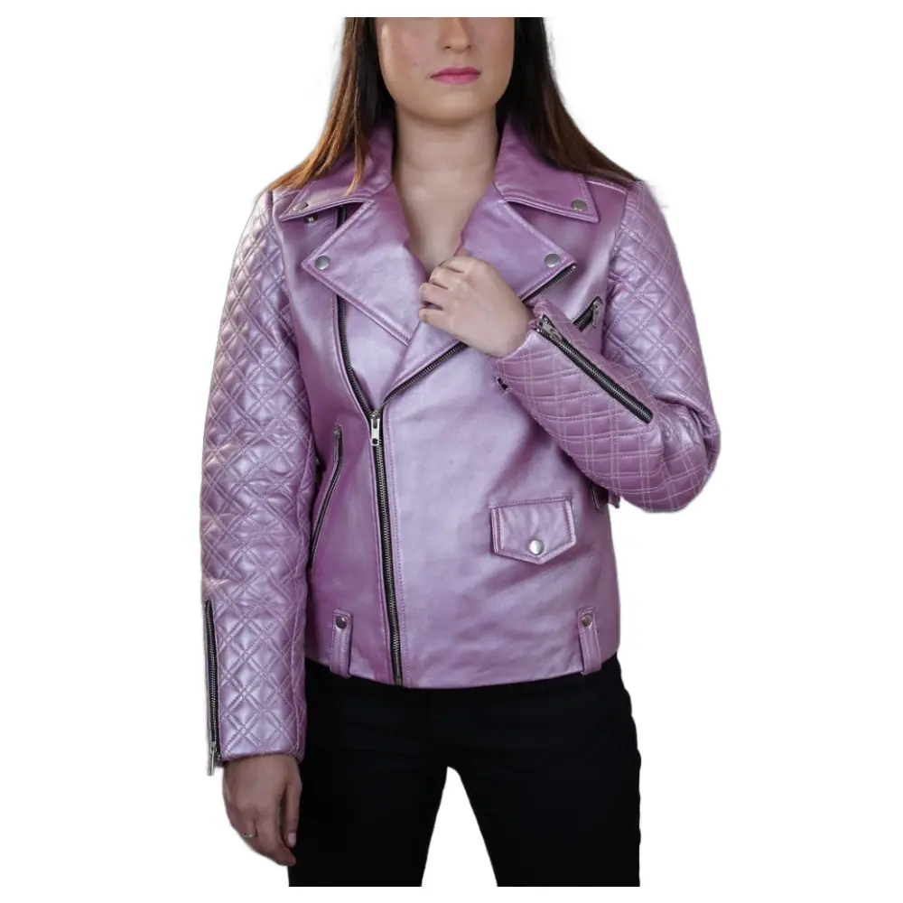 Women’s Pink Metallic Genuine Biker Leather Jacket Women’s Biker Leather Jacket