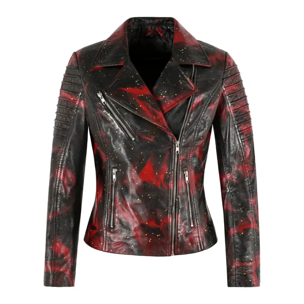 Women’s Black Red Gold Sparkle Leather Jacket Women’s Leather Jacket