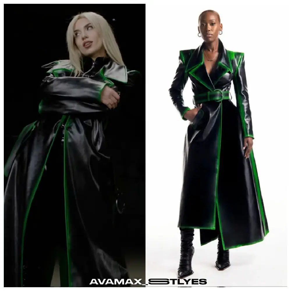 American Singer-Inspired Long Leather Coat – Black/Green American Singer-Inspired Long Leather Coat