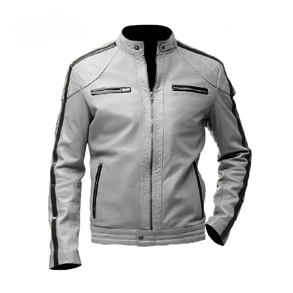 Men’s Biker Leather Jacket – Striped Café Racer Design Men’s Biker Leather Jacket