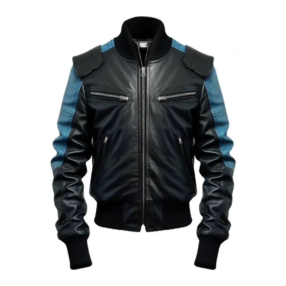 Men’s Bomber Fashion Style Blue & Black Leather Jacket Men’s Bomber Leather Jacket