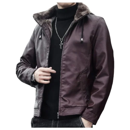 Men’s Hooded Biker Leather Jacket Fur
