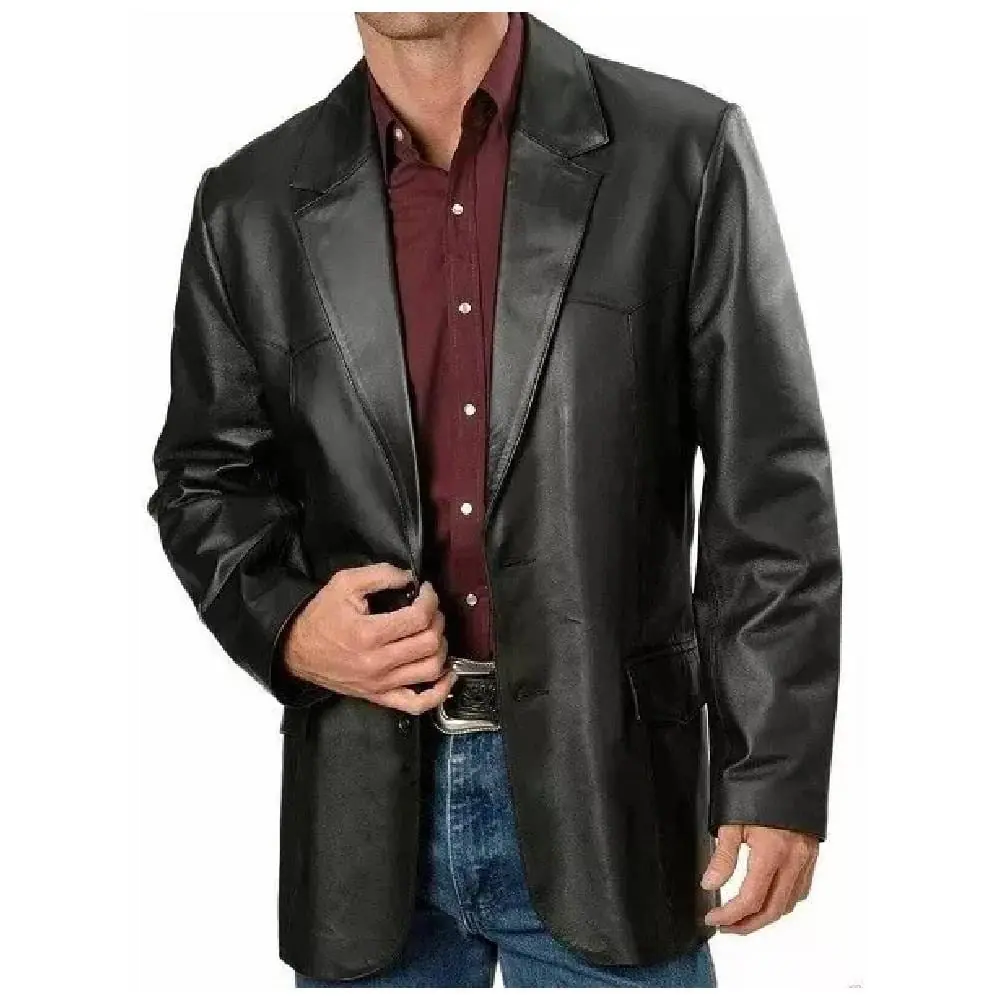 Men’s Black Lambskin Leather Blazer – Two-Button Stylish Coat Men’s Leather Blazer Coat