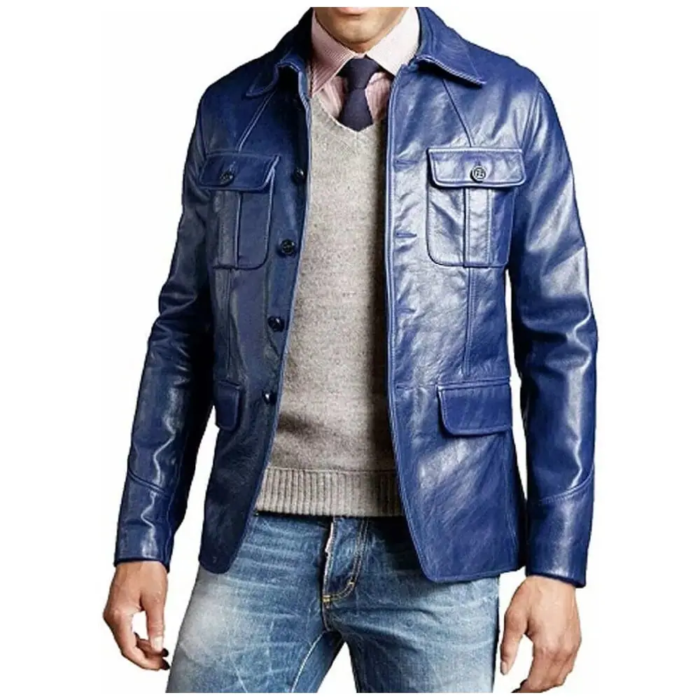 Men’s Blue Lambskin Leather Blazer – Five-Button Stylish Coat Men’s Leather Blazer Coat