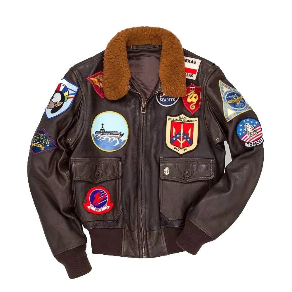Men’s Vintage Leather Bomber Jacket With Fur Collar & Patches Men’s Leather Bomber Jacket