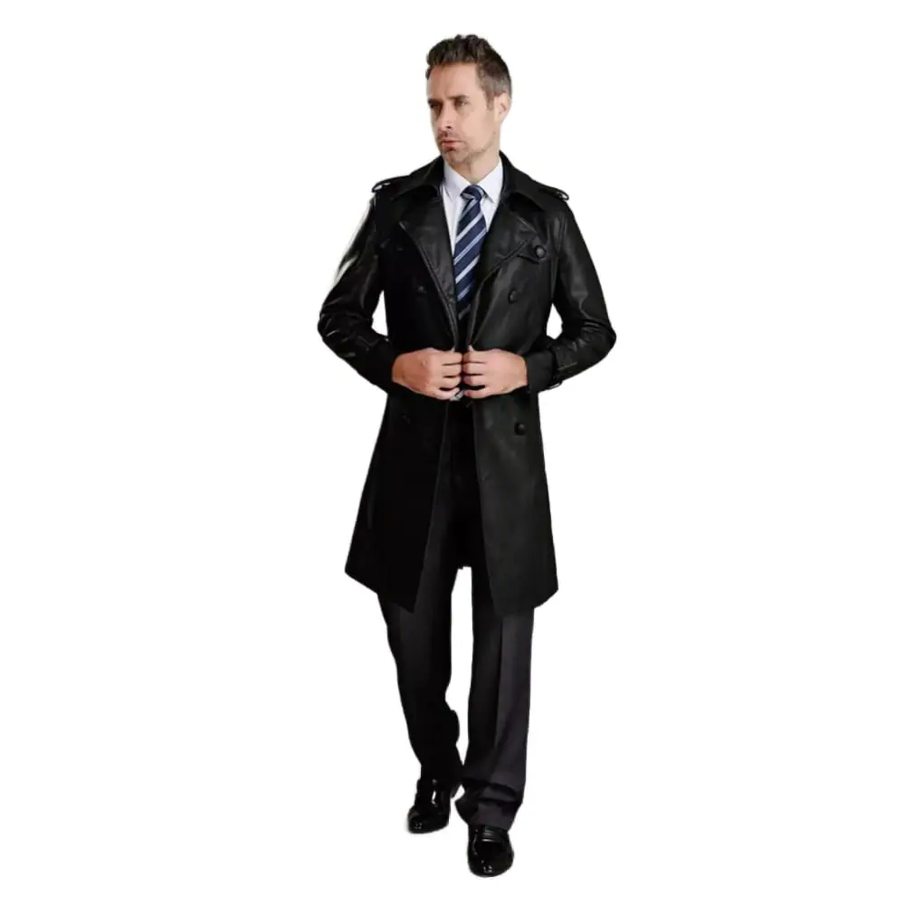Men’s Black Lambskin Leather Trench Coat – Slim Fit & Stylish Men’s Leather Coat