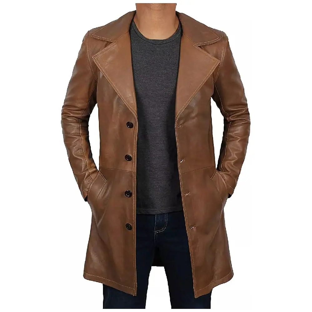 Men’s Brown Lambskin Leather Trench Long Coat Men’s Leather Long Coat