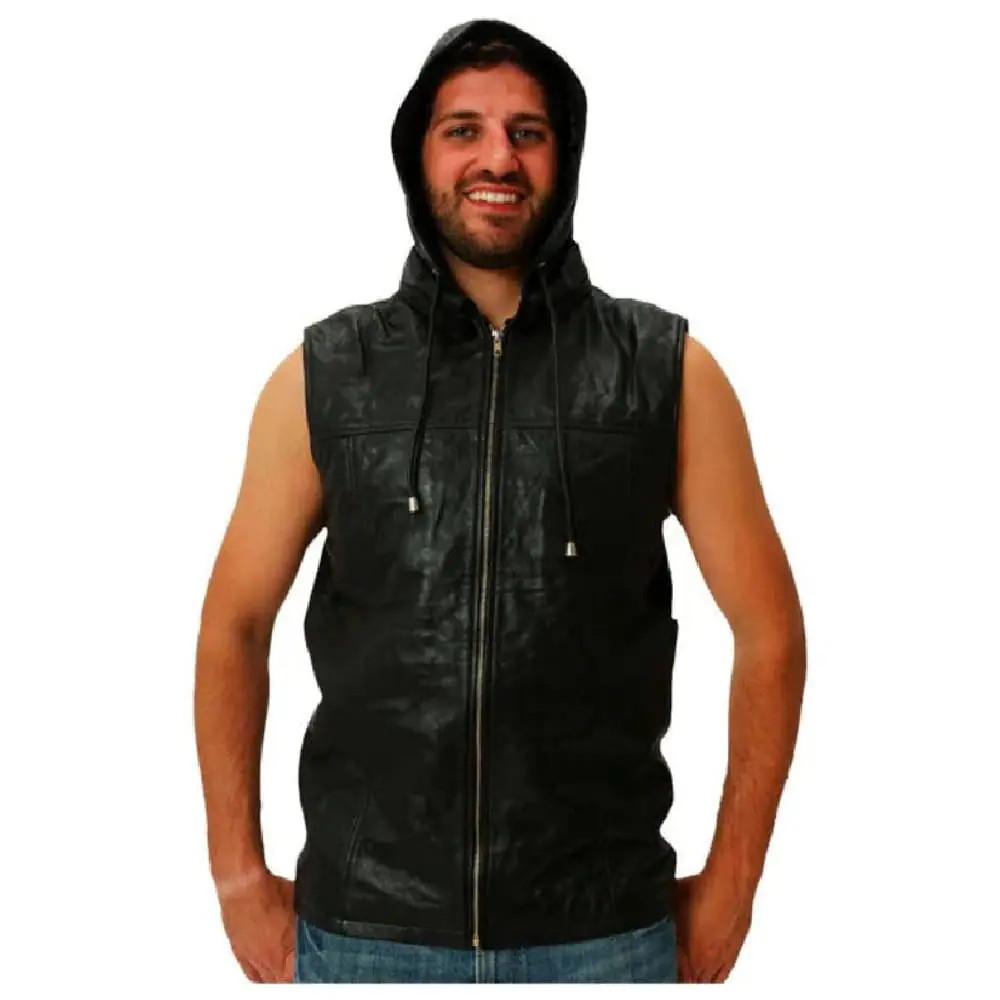 Men’s Fashion Black Leather Vest With Hooded Jacket Men’s Leather Vest Hooded Jacket