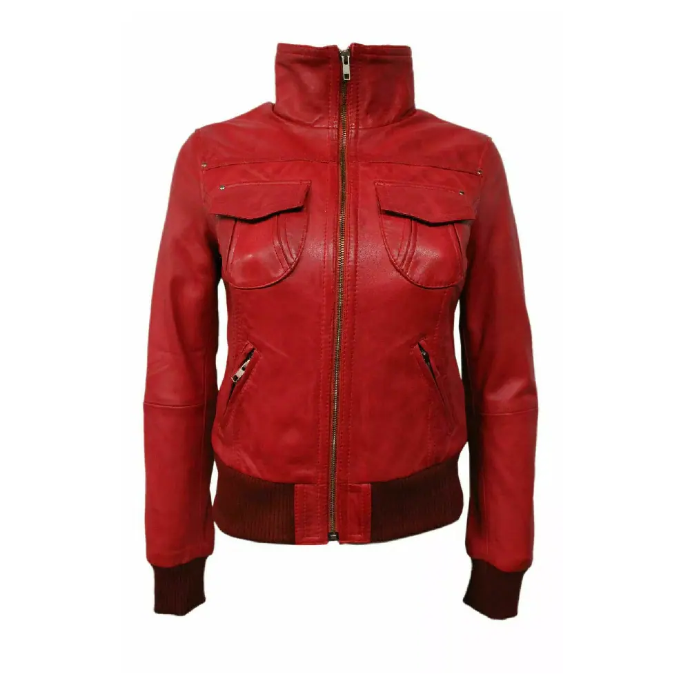 Women’s Red Lambskin Bomber Leather Jacket – Slim Fit Women’s Bomber Leather Jacket