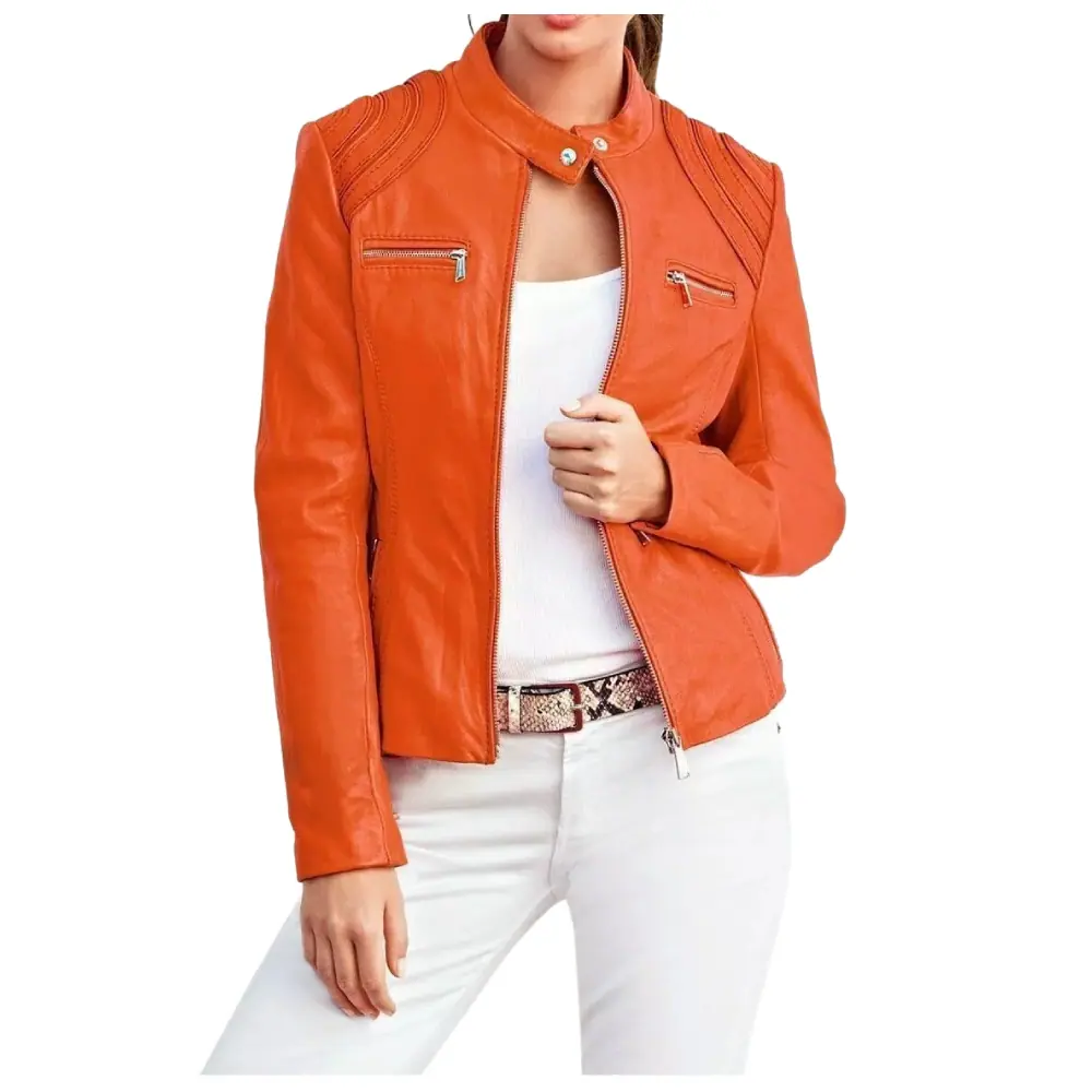 Women’s Orange Real Lambskin Leather Jacket – Slim Fit Women’s Leather Jacket
