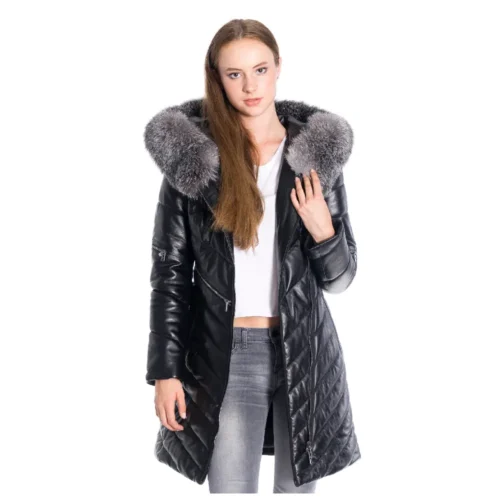 Women’s Leather Jacket Hooded Fur