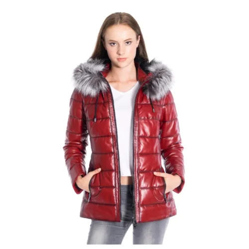 Women’s Leather Jacket Hooded Fur