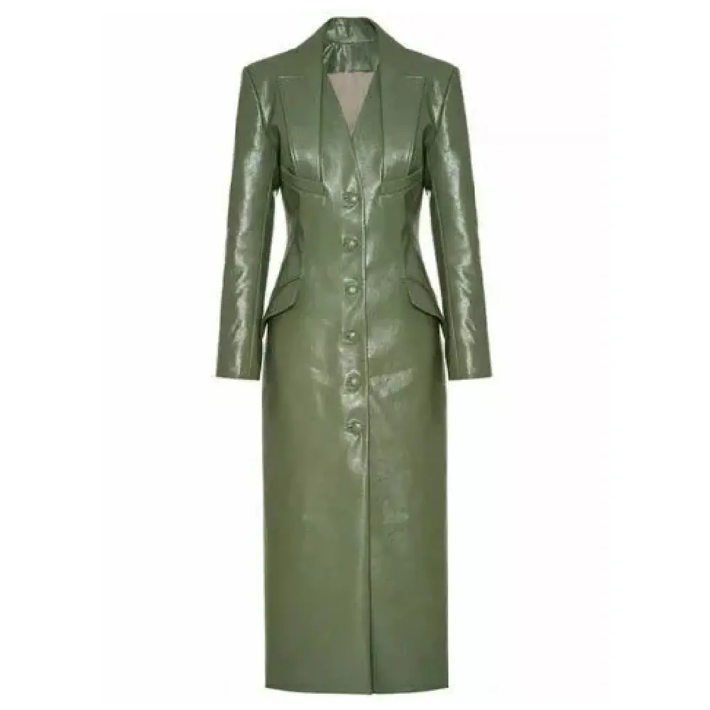 Women’s Green Lambskin Trench Leather Long Coat Women’s Leather Long Coat