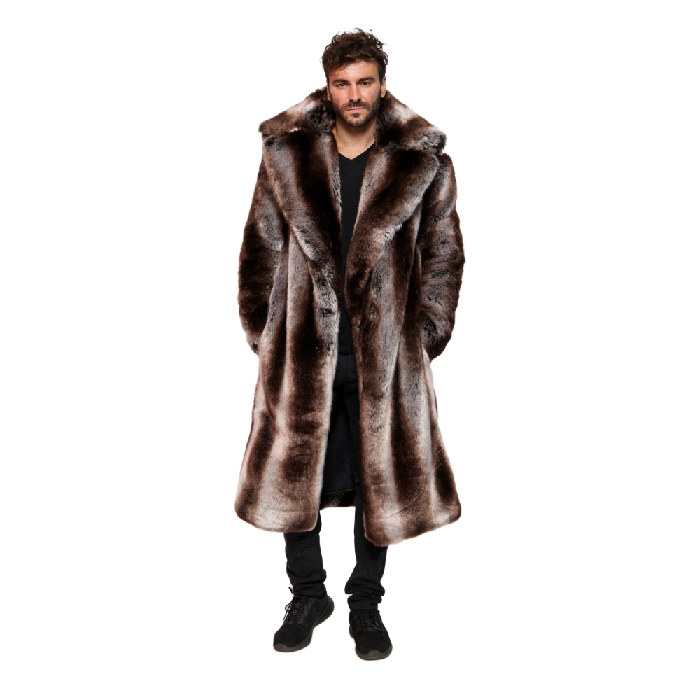 Men’s Truffle Faux Fur Hooded Luxury Long Coat Men’s Faux Fur Hooded Long Coat
