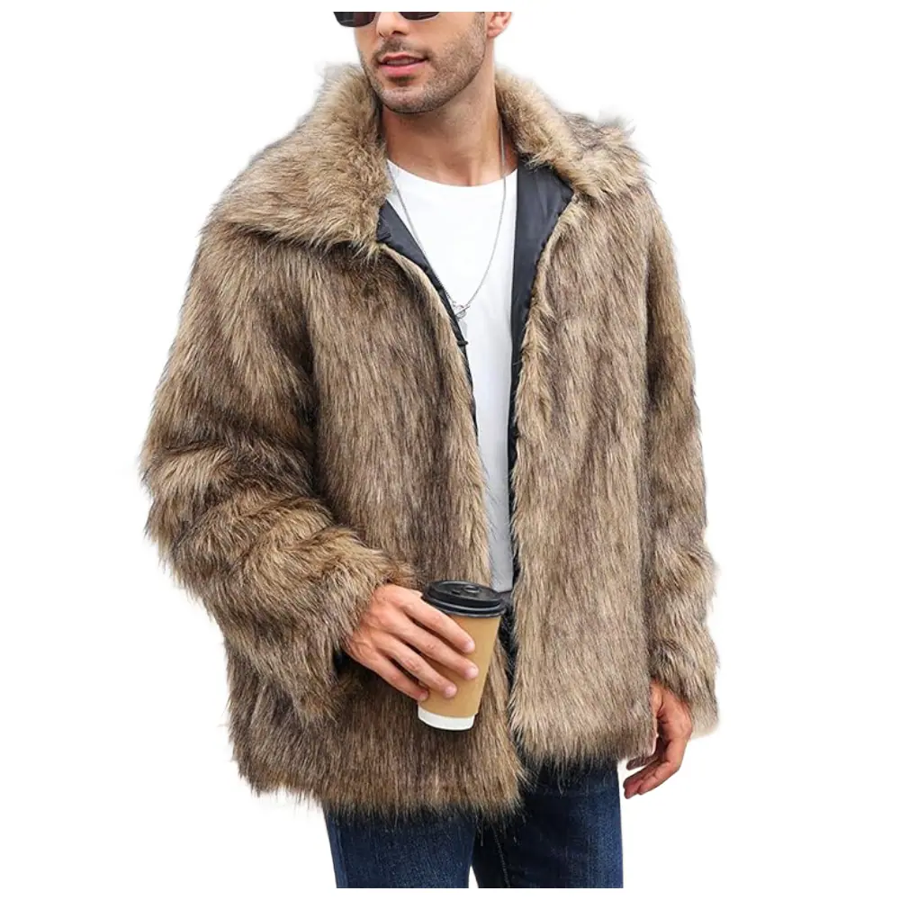 Men’s Brown Faux Fur Jacket – Fluffy Collar Cardigan Men’s Faux Fur Jacket