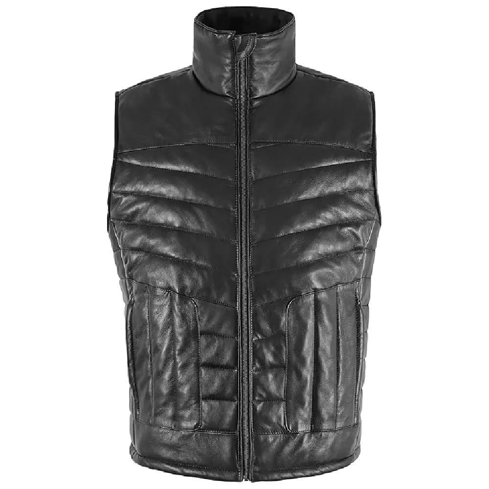 Men’s Black Reversible Leather Puffer Vest Jacket – Gilet Men’s Leather Puffer Vest Jacket