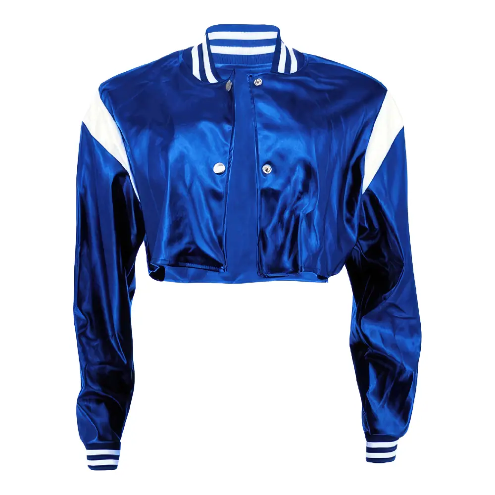 Women’s Blue Sheepskin Crop Varsity Bomber Leather Jacket Women’s Bomber Leather Jacket