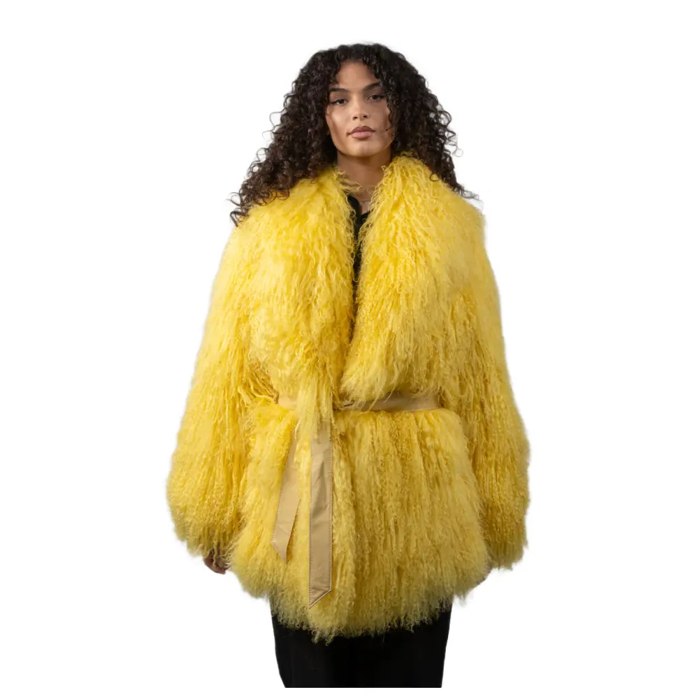 Women’s Fashion Stylish Long Pile Faux Fur Jacket – Yellow Women’s Faux Fur Jacket
