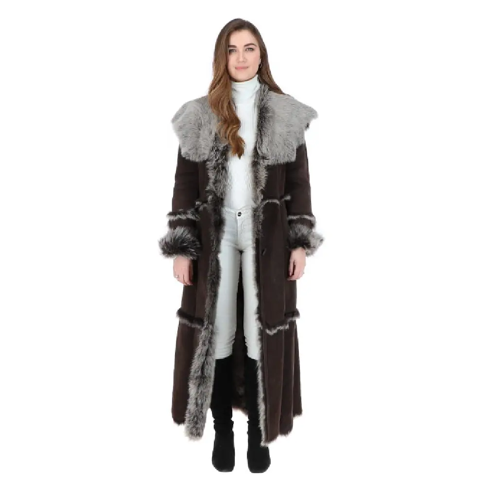 Women’s Brown Sheepskin Hooded Fur Long Coat – Stylish Women’s Hooded Fur Long Coat