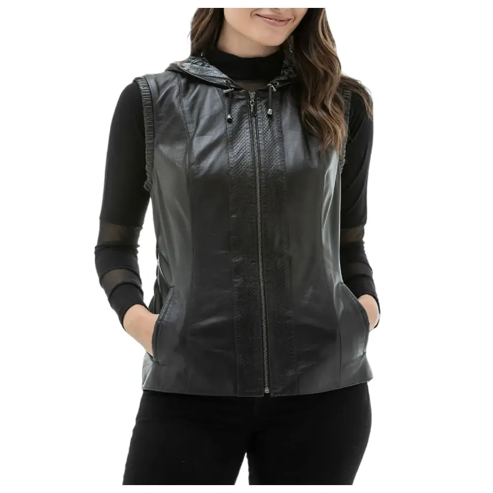 Women’s Fashion Stylish Black Hooded Leather Vest Jacket Women’s Hooded Leather Vest Jacket