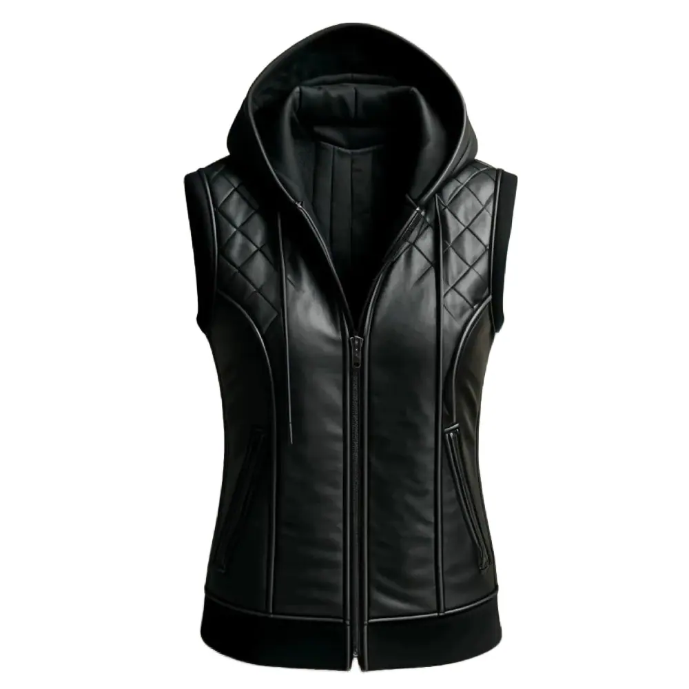 Women’s Black Quilted Leather Hooded Vest Jacket – Stylish Women’s Leather Hooded Vest Jacket