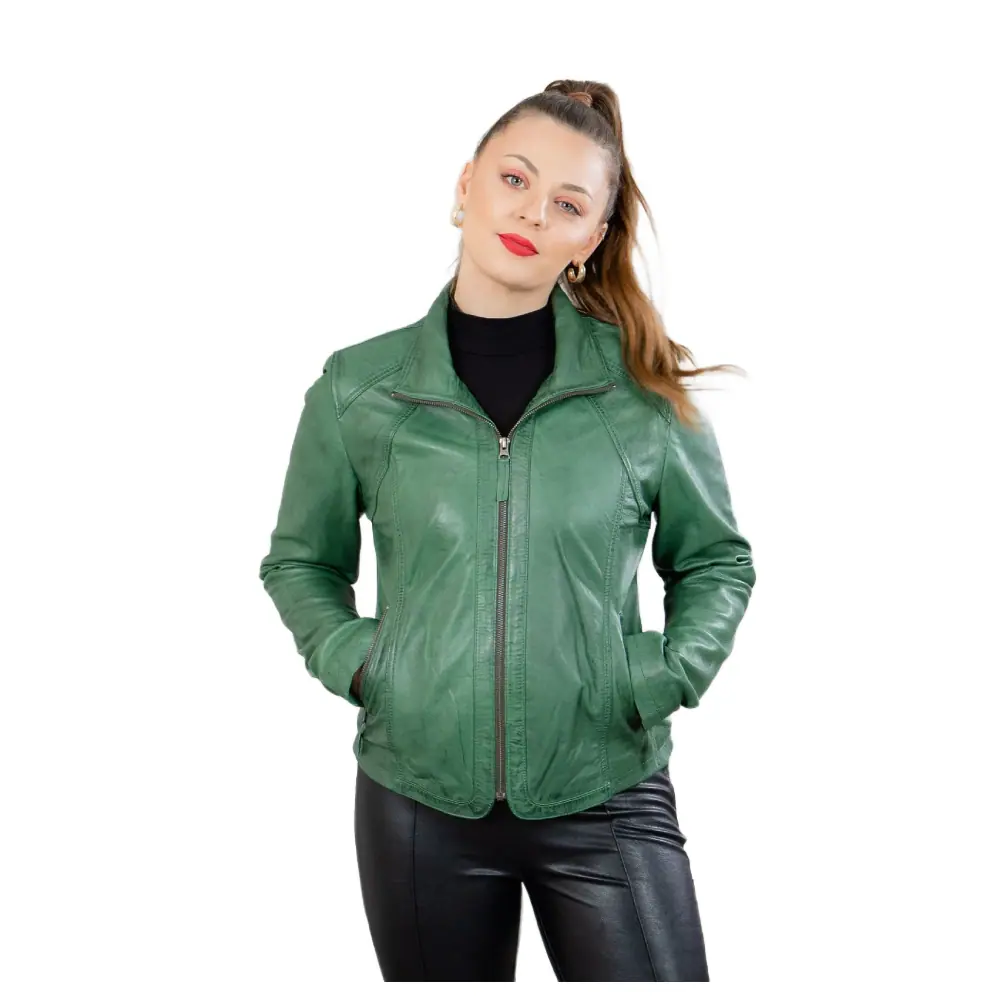 Women’s Green Lambskin Leather Jacket With Classic Collar Women’s Leather Jacket