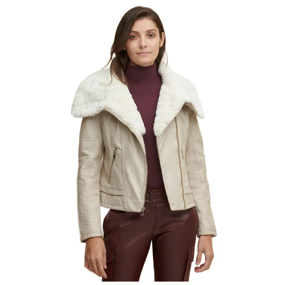 Women’s Cream Beige Leather Jacket With White Shearling Collar Women’s Leather Jacket Shearling