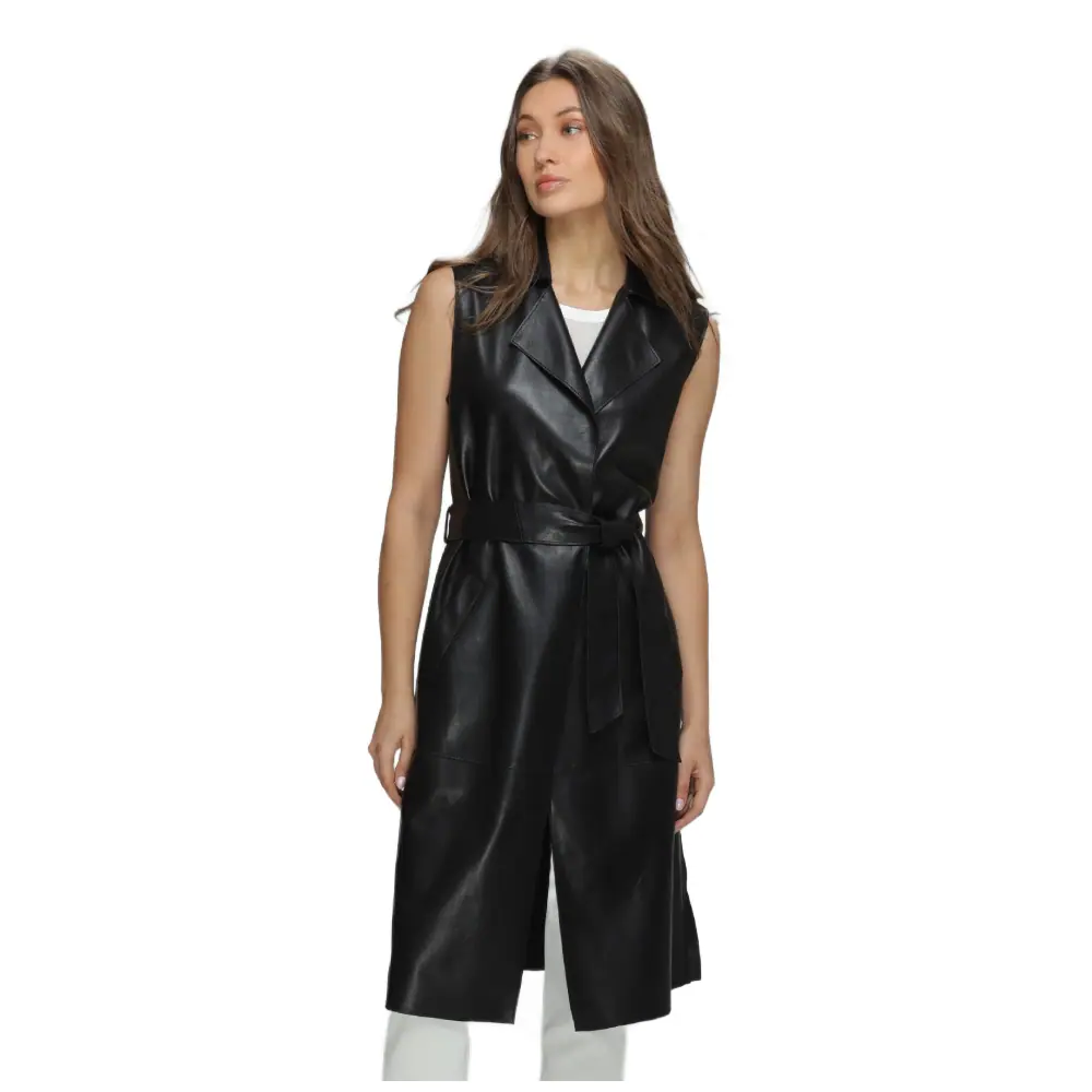 Women’s Fashion Stylish Genuine Leather Long Vest Black Jacket Women’s Leather Long Vest Jacket