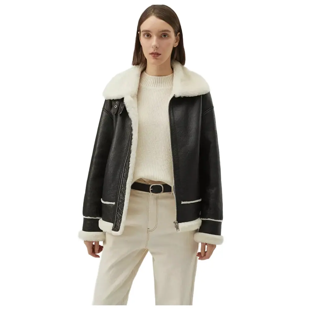 Women’s Black Leather White Shearling Collar Fur Jacket Women’s Leather Shearling Fur Jacket