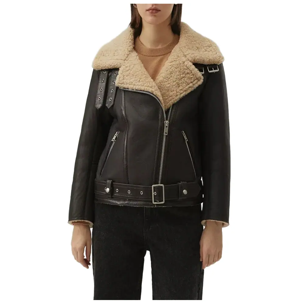 Women’s Matte Black Leather Brown Shearling Aviator Jacket Women’s Leather Shearling Jacket