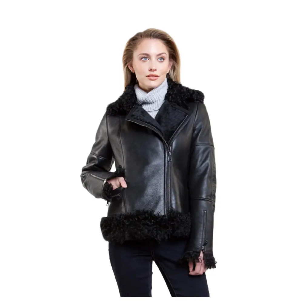 Women’s Black Leather Black Shearling Big Collared Jacket Women’s Leather Shearling Jacket