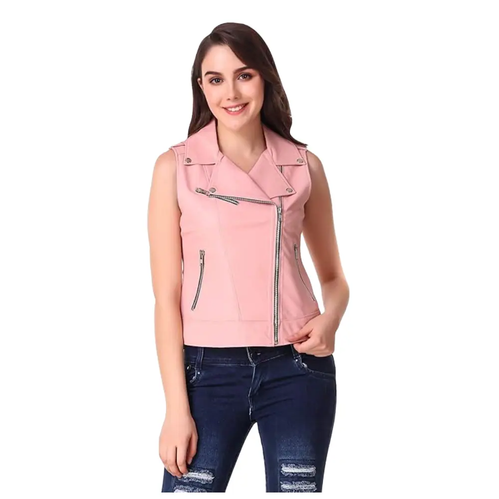 Women’s Pink Leather Sleeveless Vest Jacket – Biker Style Women’s Leather Vest Jacket Biker