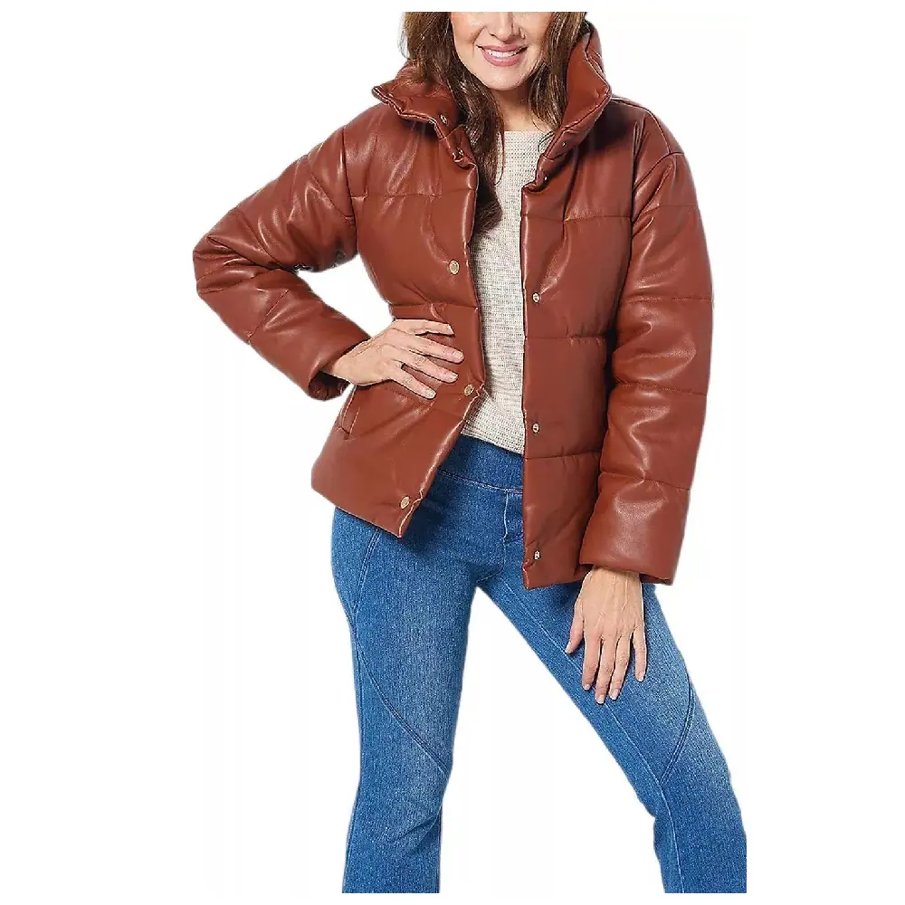 Women’s Cognac Brown Faux Puffer Leather Jacket Women’s Puffer Leather Jacket