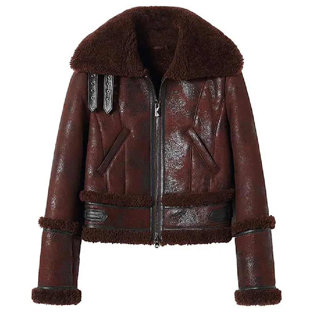 Women’s Fashion Stylish Shearling Leather Moto Jacket – Brown Women’s Shearling Leather Jacket
