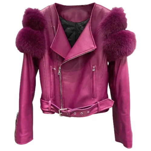 Women’s Short Leather Biker Jacket Fox Fur