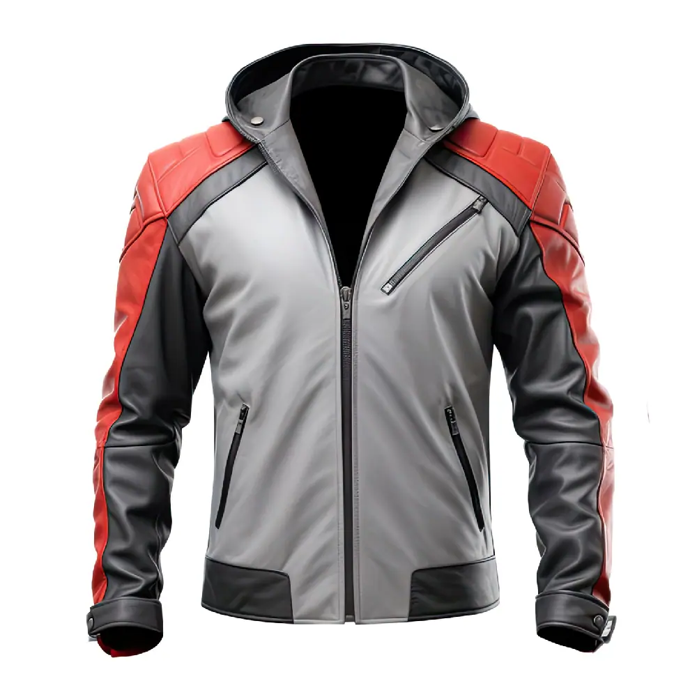 Men’s Red & Grey Sporty Soft Biker Leather Hooded Jacket Men’s Biker Leather Hooded Jacket
