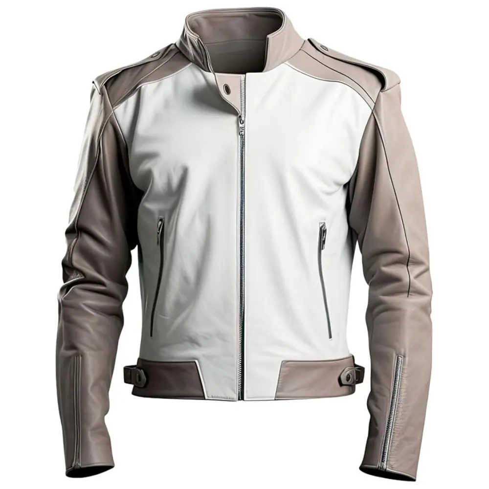 Men’s White Ash Grey Biker Leather Jacket – Stand Collar Men’s Biker Leather Jacket