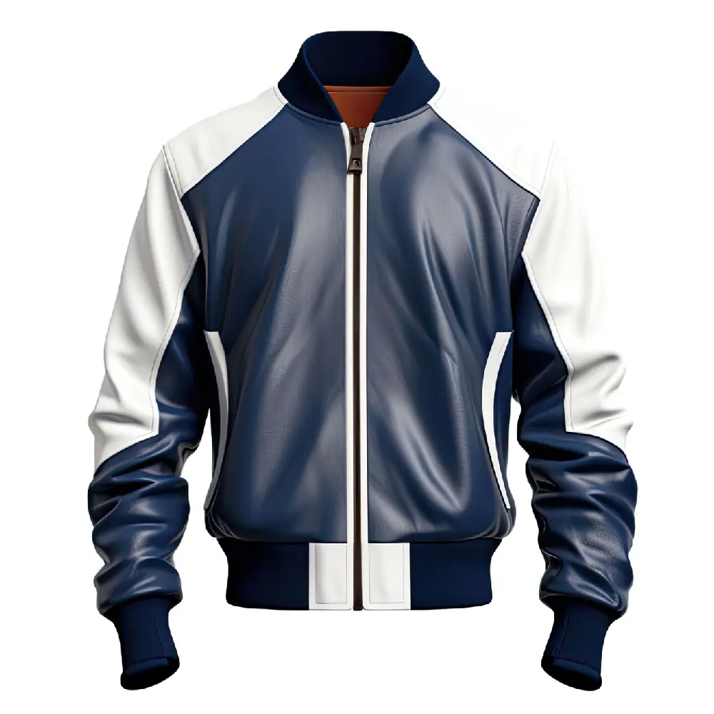 Men’s Navy Blue & White Baseball Bomber Leather Jacket Men’s Bomber Leather Jacket