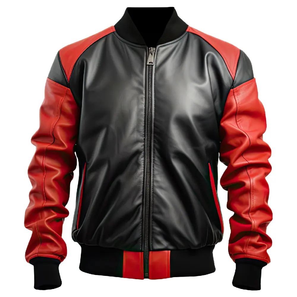 Men’s Red & Black Sheepskin Bomber Leather Jacket – Baggy Fit Men’s Bomber Leather Jacket