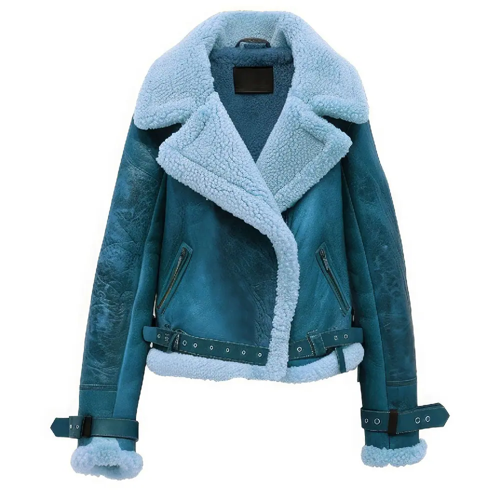 Women’s Cobalt Blue Sheepskin Biker Leather Jacket – Faux Fur Women’s Biker Leather Jacket